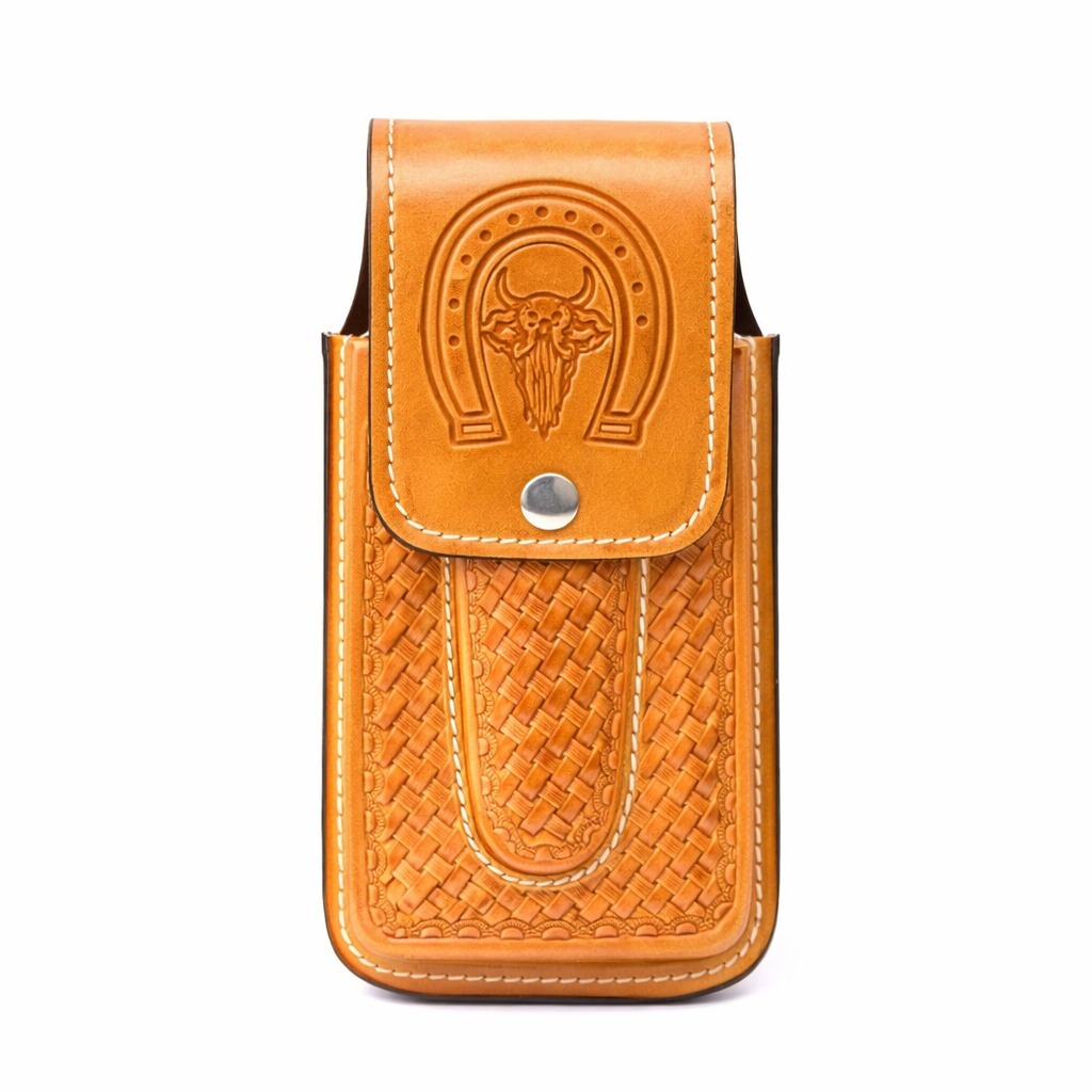 Bainha Porta Celular e Canivete Capinha Dura Canguru Conjugada Couro Legítimo Cor Pinhão.