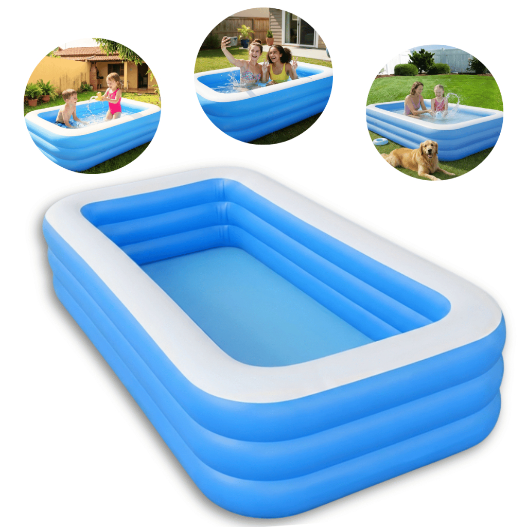 Piscina Inflável Retangular Infantil 3 Anéis 540 litros 300 litros 180cm Família Criança Azul
