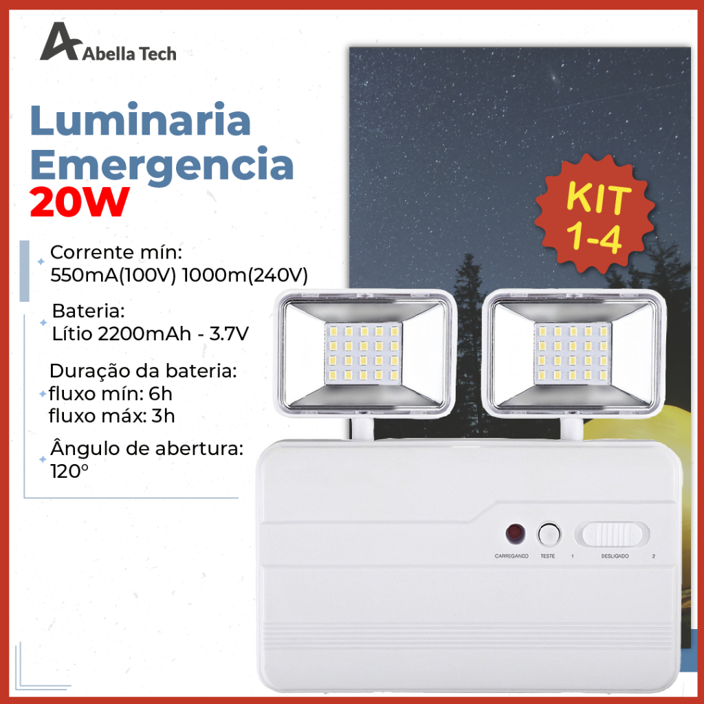 Luminária de Emergência LED PRO 20W com 2 Farol 40 LEDS Luz Branco Frio