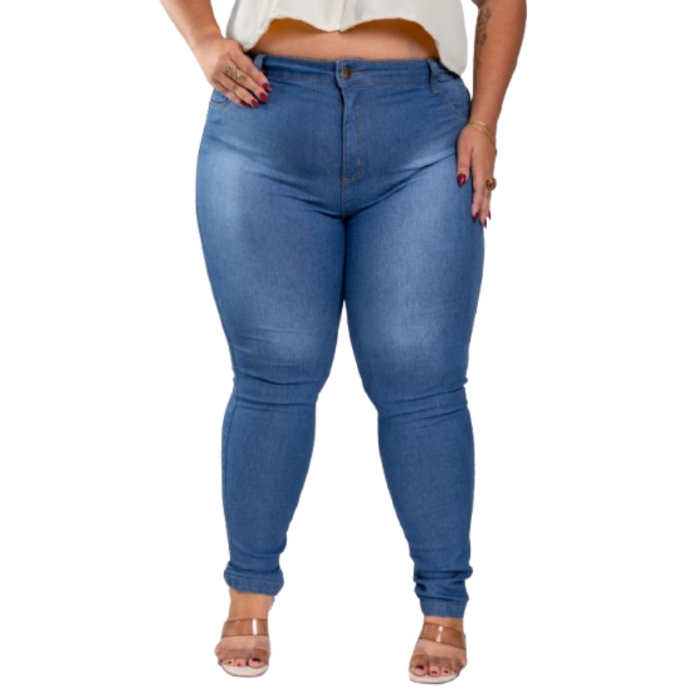 Calça Jeans Feminina Plus Size azul claro Elastano Modelo Curve 48 ao 64
