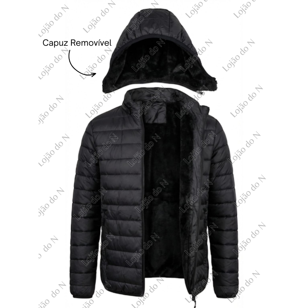 Jaqueta Apeluciada Puffer Com Capuz Removível Masculina
