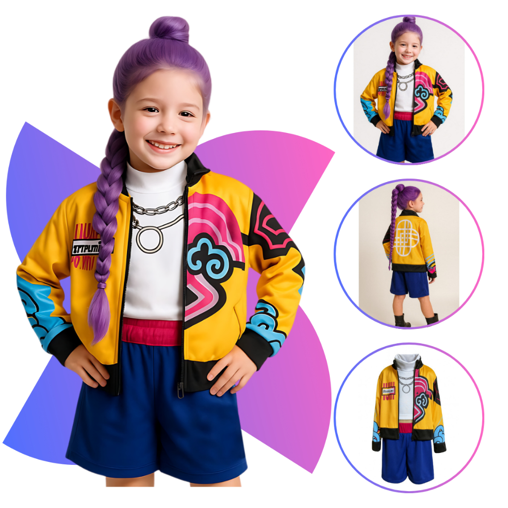 Fantasia Guerreiras Kpop Infantil Rumi Guerreira K-Pop Luxo Dança Show Menina Carnaval Dia Das Crianças