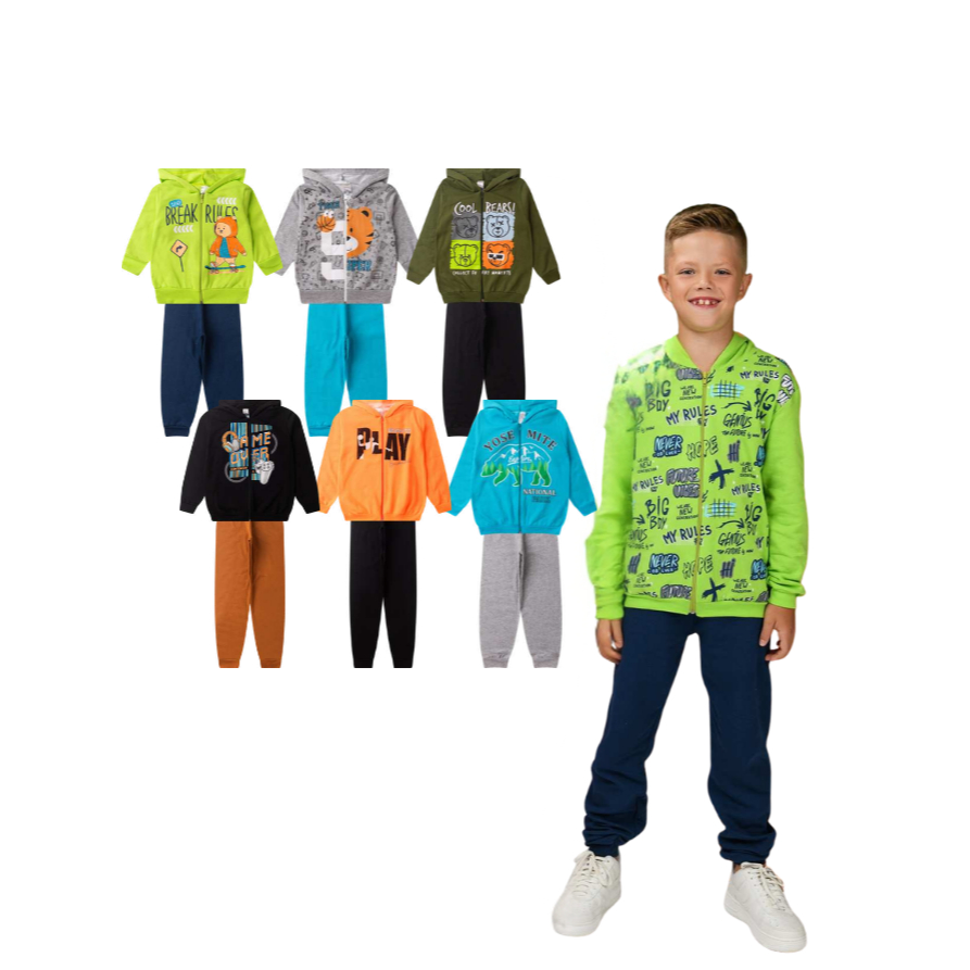 Kit 6 Peças Moletom Masculino 3 Casacos c/ Estampas Zíper e Capuz + 3 Calças Lisas Infantil Menino