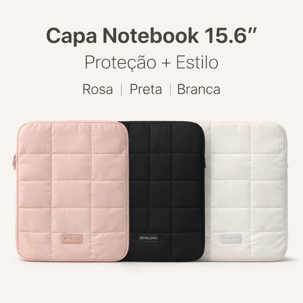 Capa Notebook 15.6 e 14.0 Case Acolchoada Puffer Canelado Proteção 360° Rosa Preto Branco Off White Azul Cinza Lilas