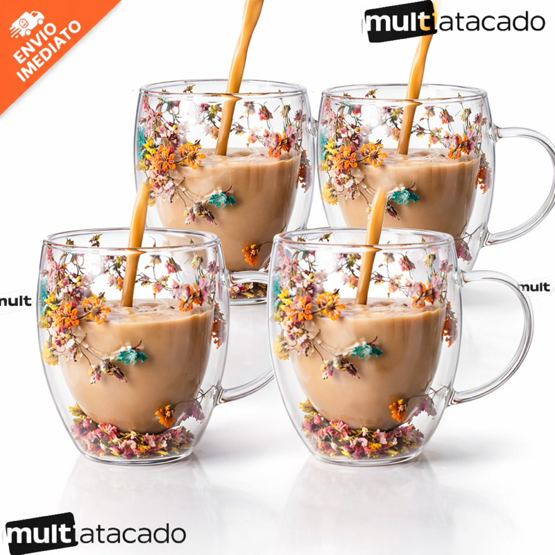 Xícaras Caneca copo de vidro duplo com flores colorida no interior café chá design moderno