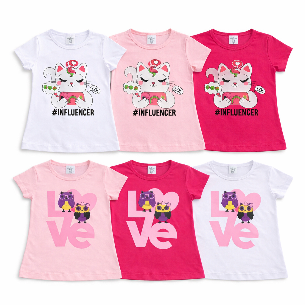 Kit 3 Blusas Infantil Feminina Camiseta Moda Menina | Tam 1 ao 8 anos