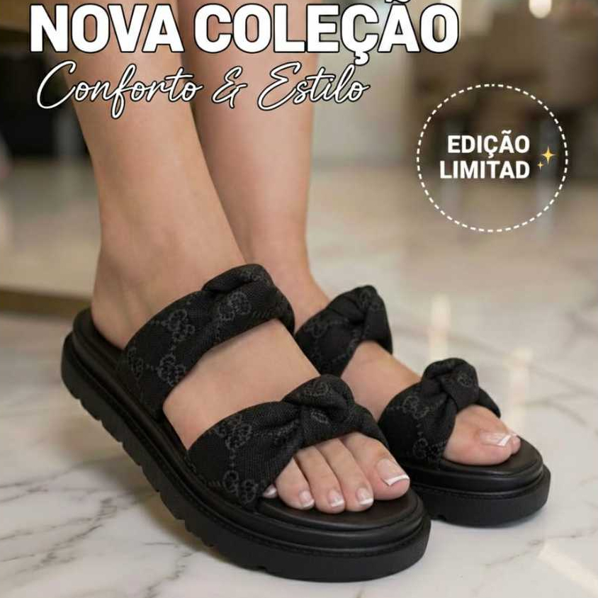 Sandália Slide Feminina Plataforma Acolchoada com Laço Duas Tiras Confortável gg.