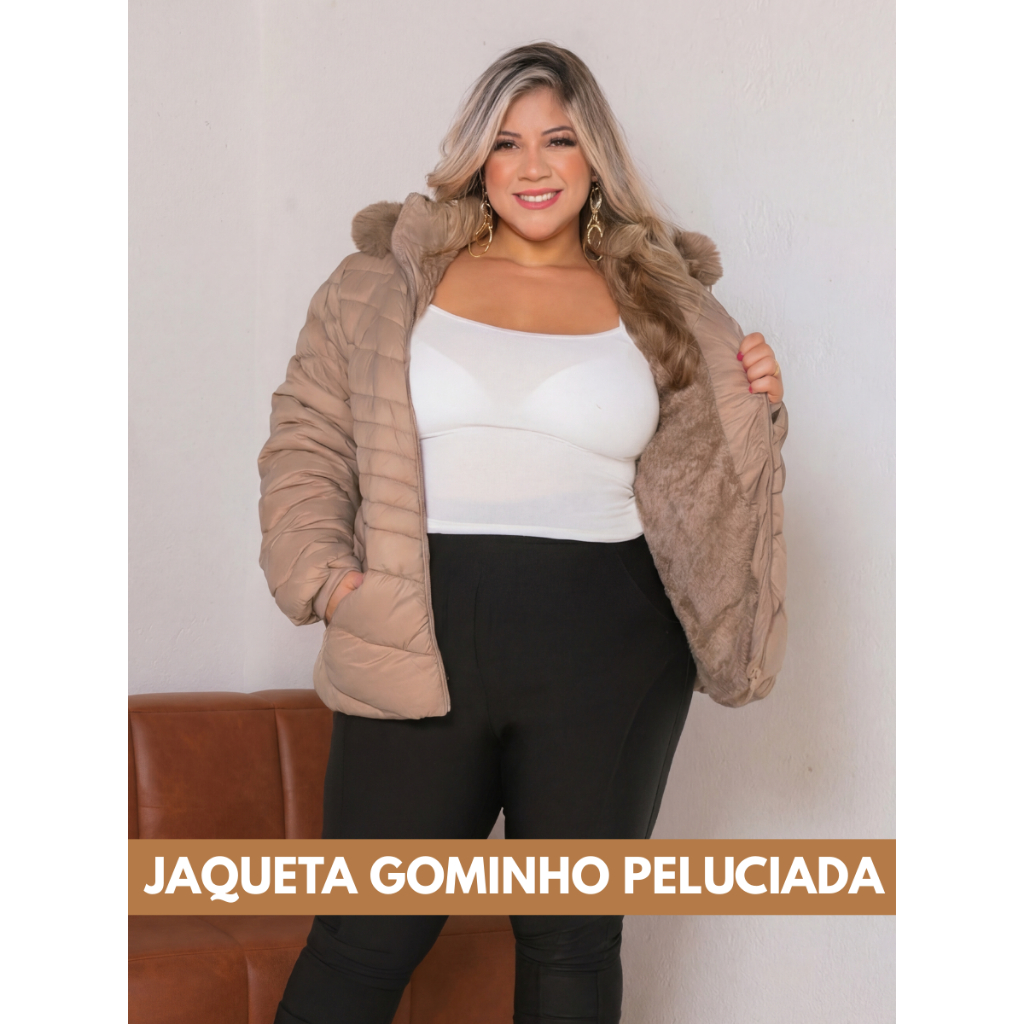 Jaqueta Peluciada  Bobojaco Plus Size Feminina Impermeavel Inverno com Touca Removivel e Bolsos com Zíper