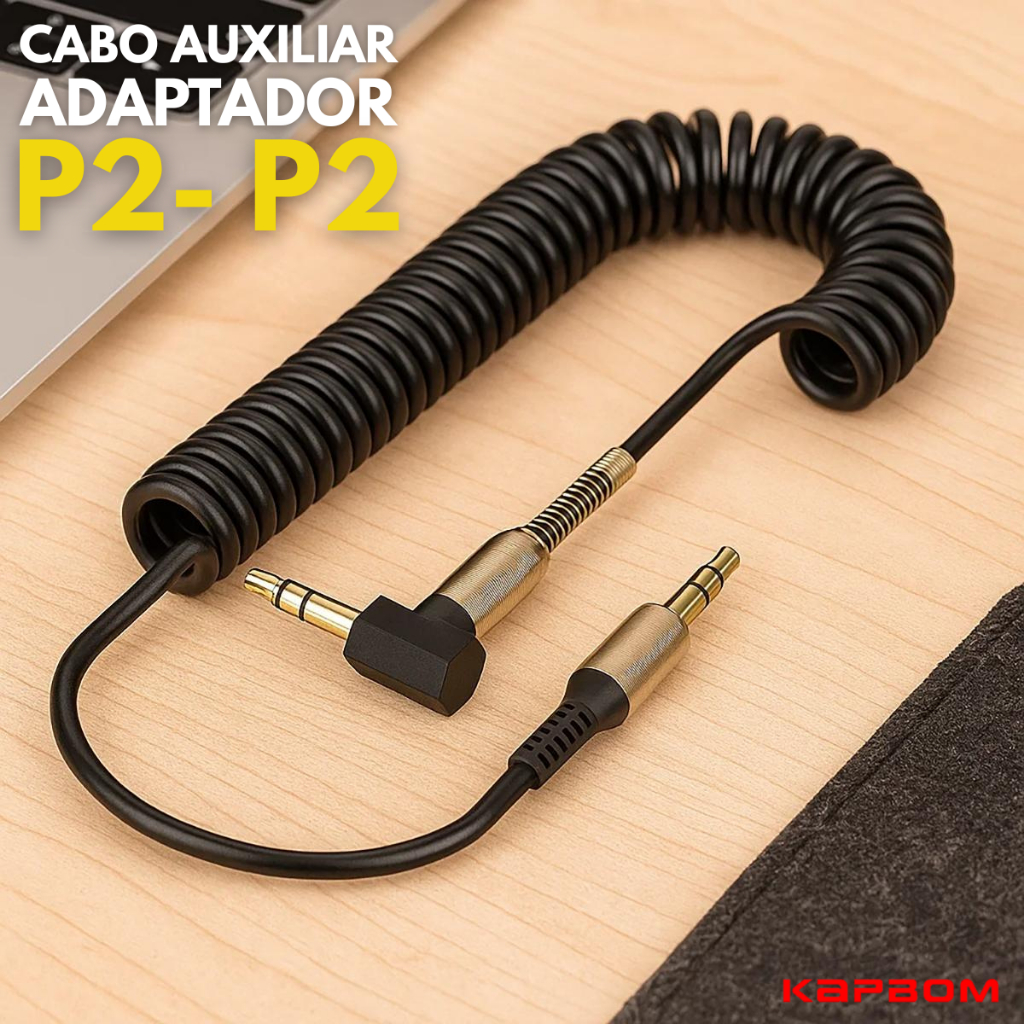 Cabo Auxiliar de Áudio P2 x P2 Espiral 1,8 metros Original Kapbom