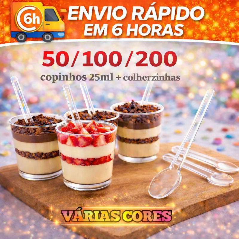 KIT 20/50/100/200 COPINHO 25 ML BRIGADEIRO ACRÍLICO + 100 MINI COLHER