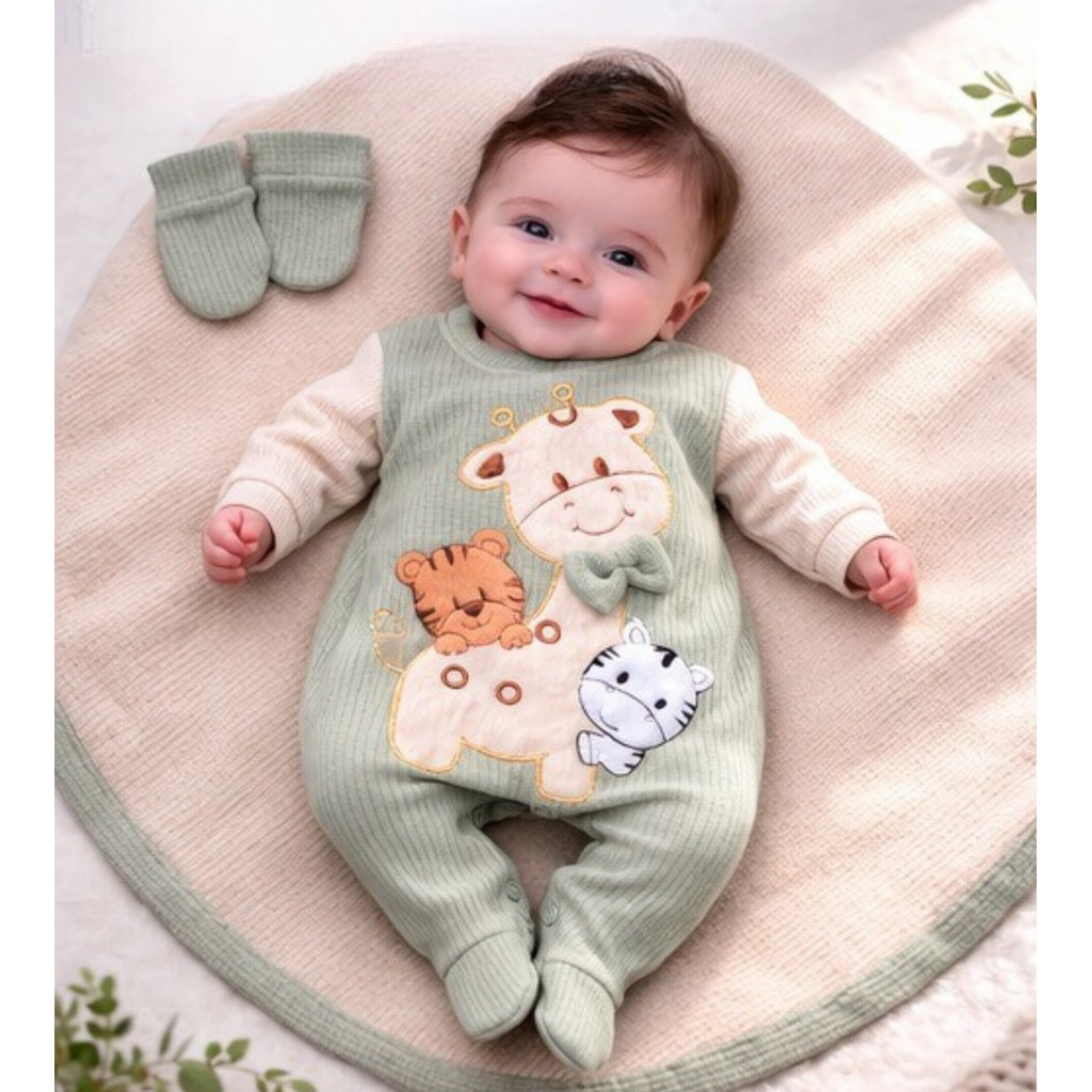 Saída Maternidade Menino Pedro 03 Peças Safari Malha Tricot Roupas de Bebê