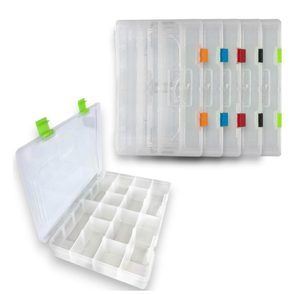Estojo Rochel Pesca Box 30 para isca artificial anzol e chumbada com Fundo e Tampa Transp com travas colorida 16 Div