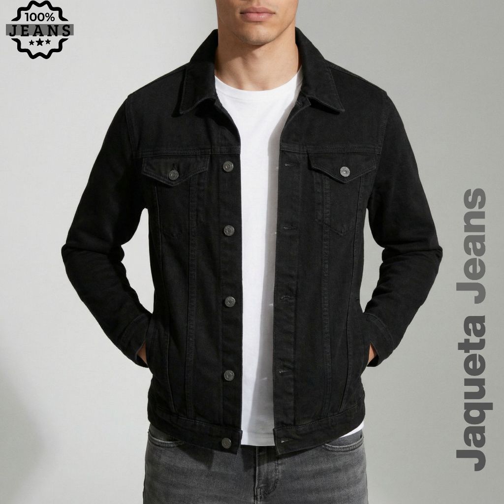 Jaqueta Jeans Masculina Preta Slim Fit Premium Confortável Estilosa Tendência Moda Inverno P Ao GG