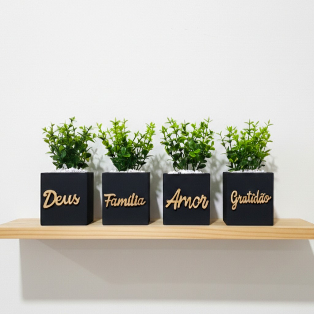 Kit de Vasinhos Decorativos de MDF  com  palavras Inspiradoras + Plantinhas Artificiais !