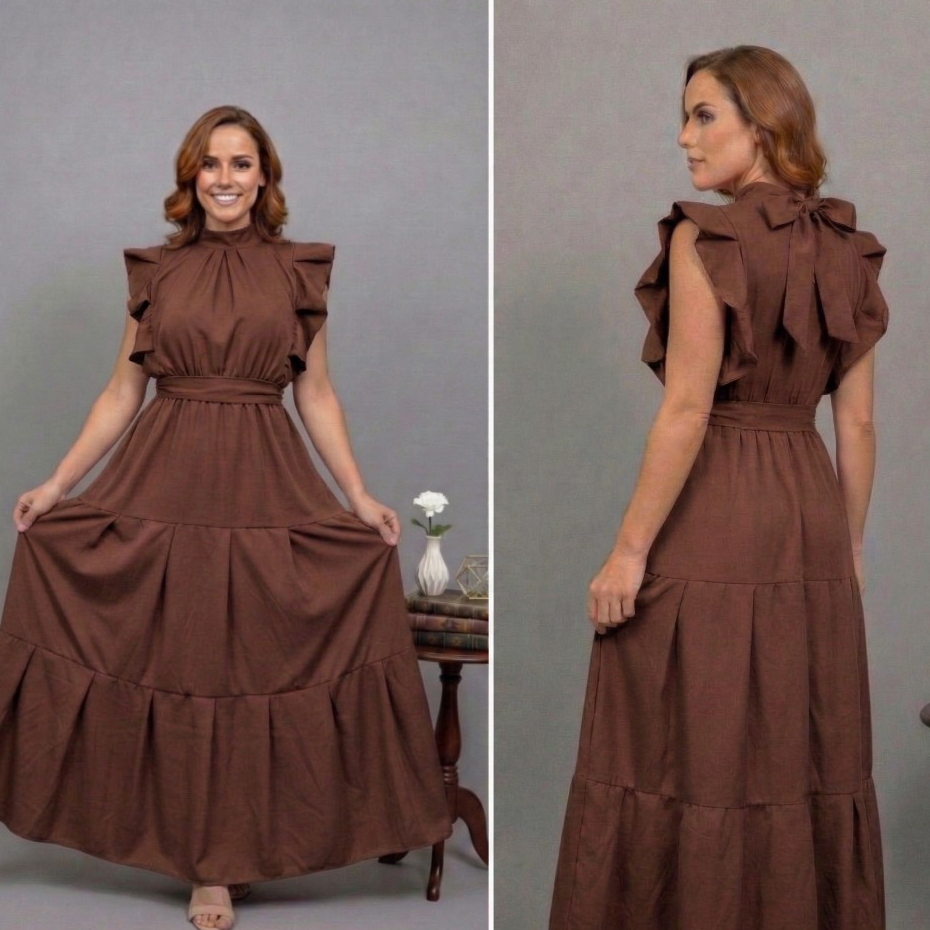 Vestido Feminino Longo Manguinha De Babado Gola Alta Allana