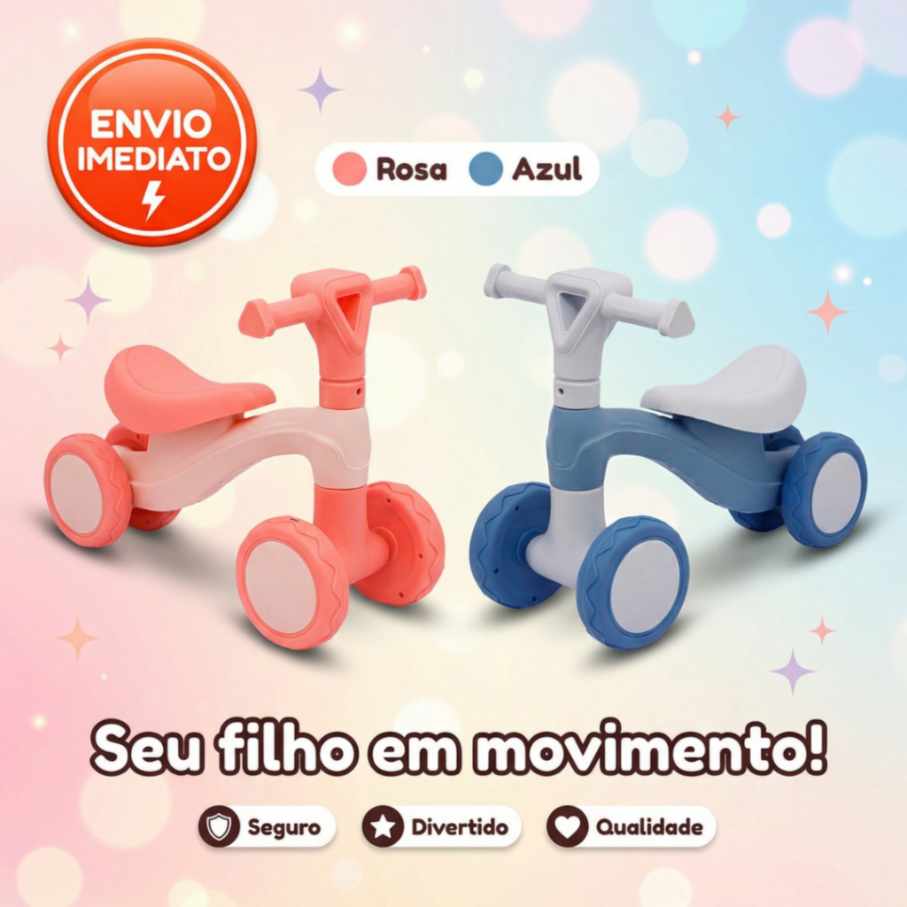 Bicicleta de Equilíbrio Infantil Andador 4 Rodas Bebê Criança Zippy