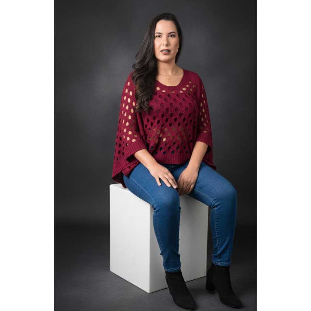Blusa Feminina Tricot Boho  | Crochê | Twinset | Manga ¾ | Modelo Morcego | Barra Canelada Com Top