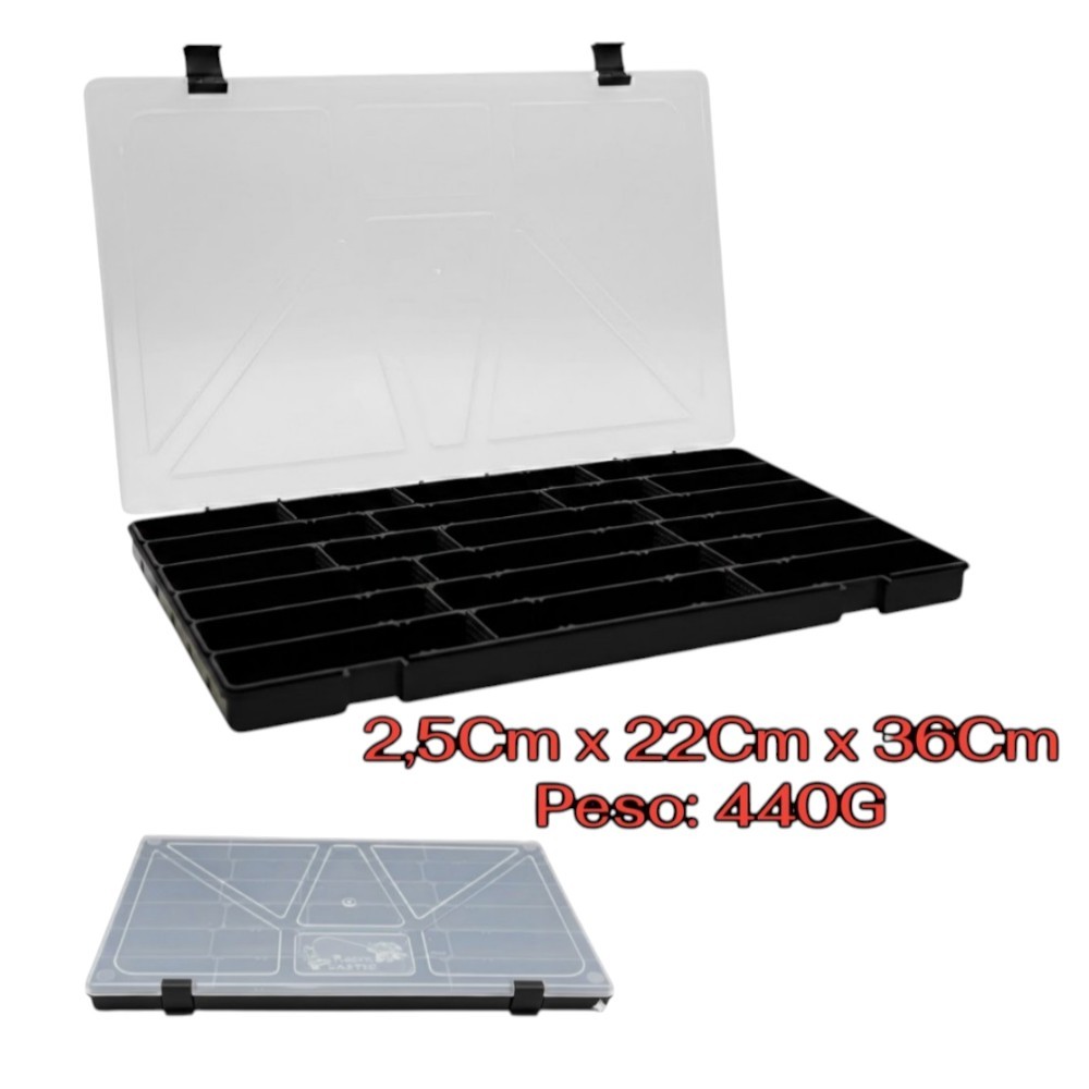 Estojo Organizador Caixa De Isca Artifical  Box 23 Preto Tampa Transparente 22 Divisórias - Rochel Pesca