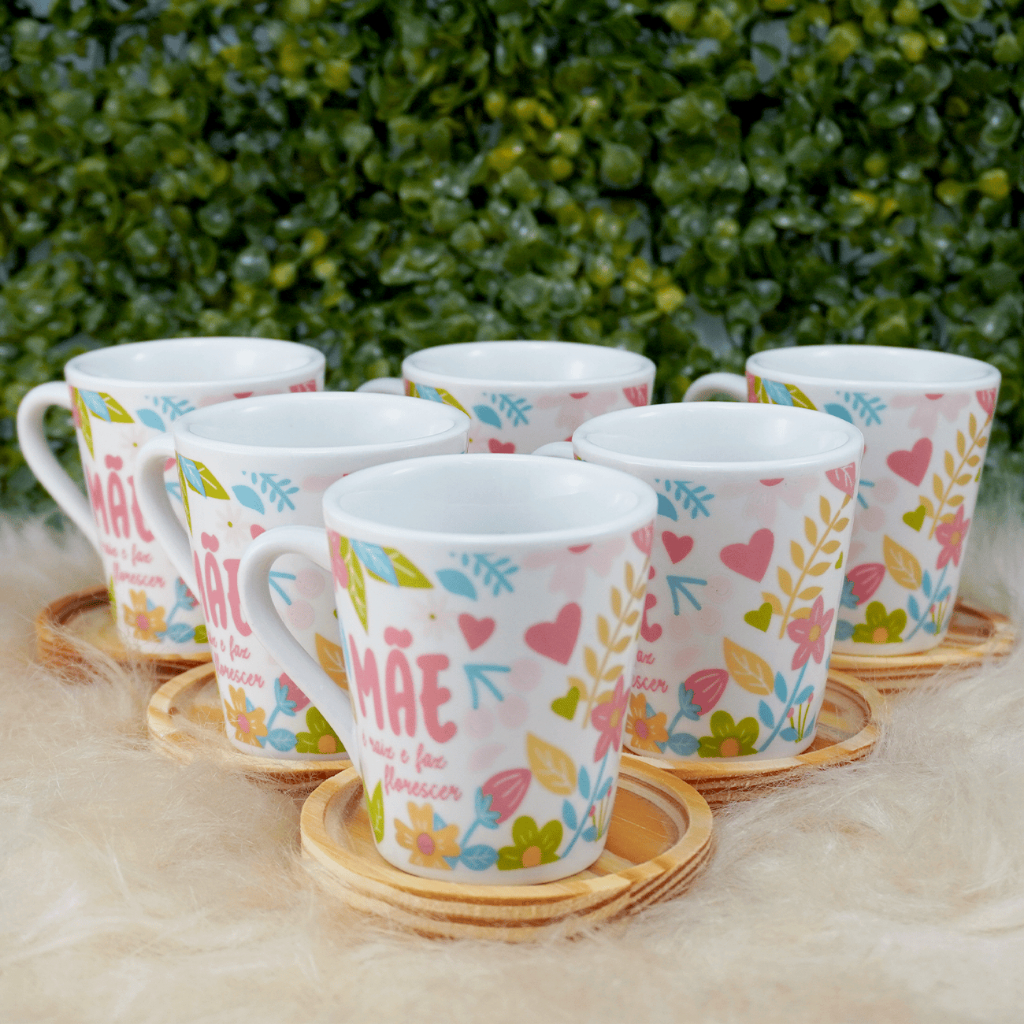 Kit Canecas/ Xicaras Tulipa 120ml Café Porcelana Mãe é Raiz Floral + Pires Pinus redondo