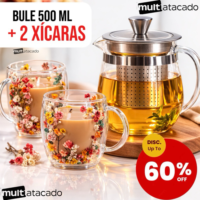 novo:Chaleira + 2 xicaras ou + 1 xicara ou sem xicara Chá Vidro Infusor 750ml 500 ml 350 ml Bule Chá