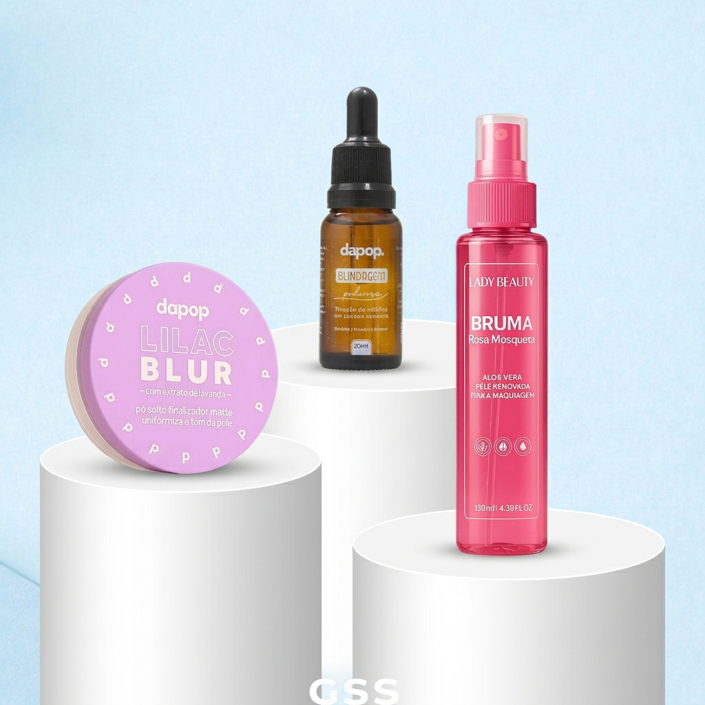 Kit Bruma Rosa Mosqueta + Lilac Blur Dapop + Blindagem 3 em 1 – Fixação, Efeito Blur e Pele Lisa