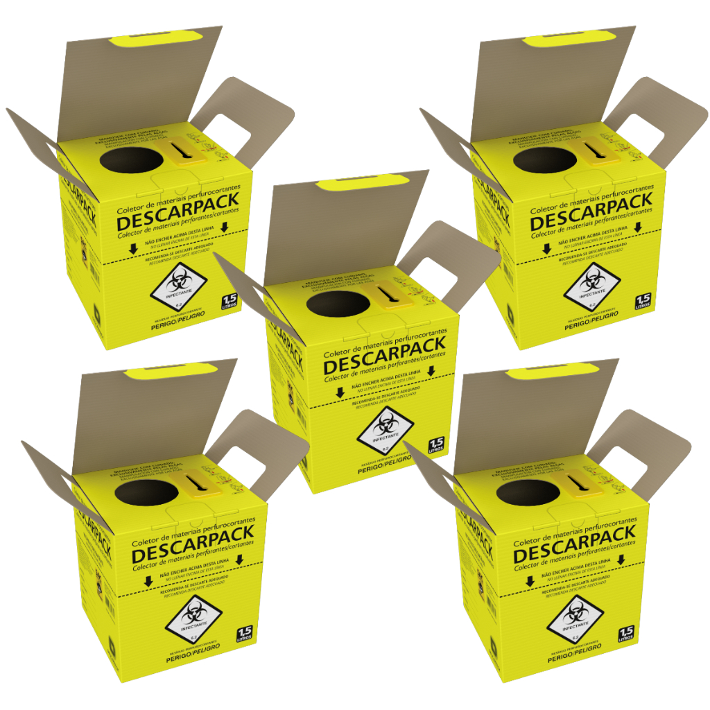 Kit 5 un Coletor Perfurocortante 1,5L Descarpack Descarte Seguro p/ Agulhas e Resíduos