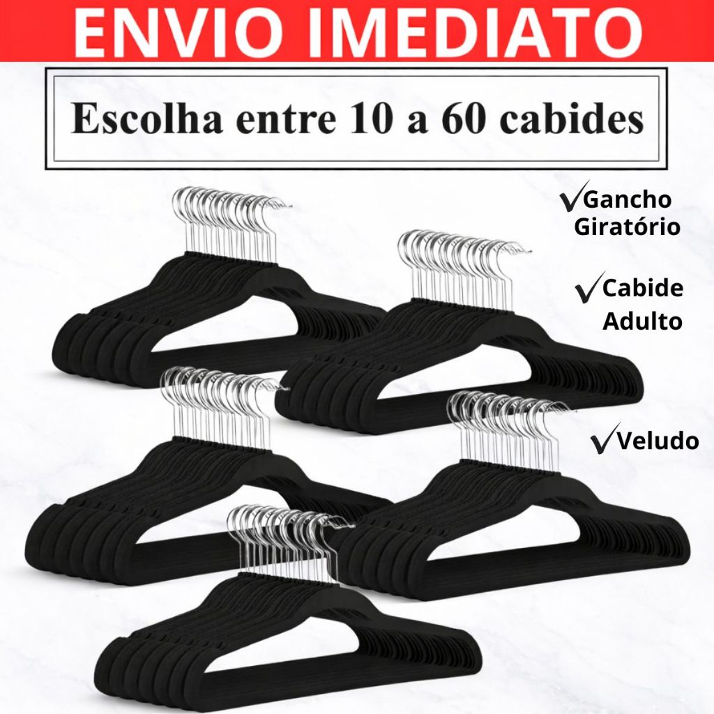 Cabide Para Roupas Veludo Adulto Preto Antideslizante Gancho Giratório Cetim Guarda Roupas