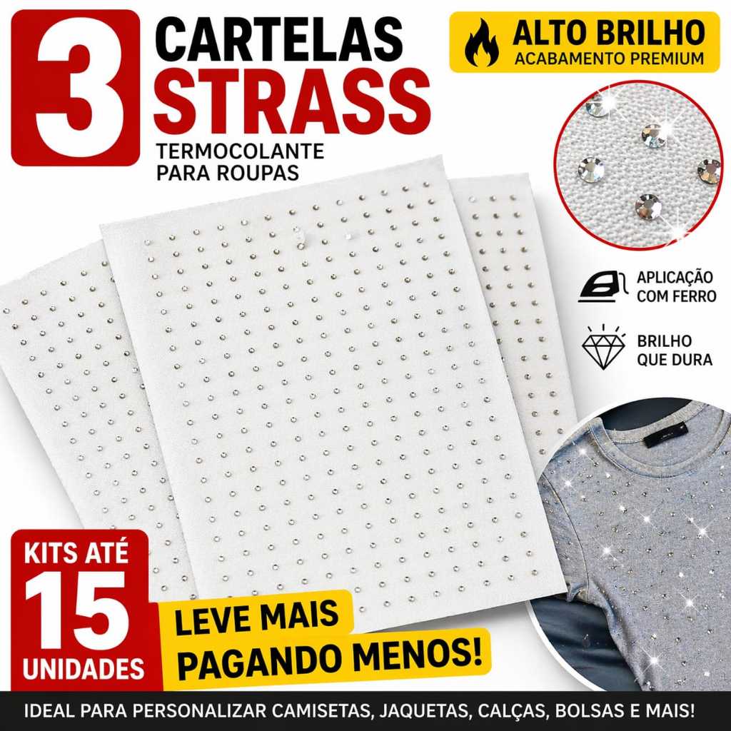 Kit 3 Cartelas de Strass Termocolante Para Roupa Hotfix Alto Brilho