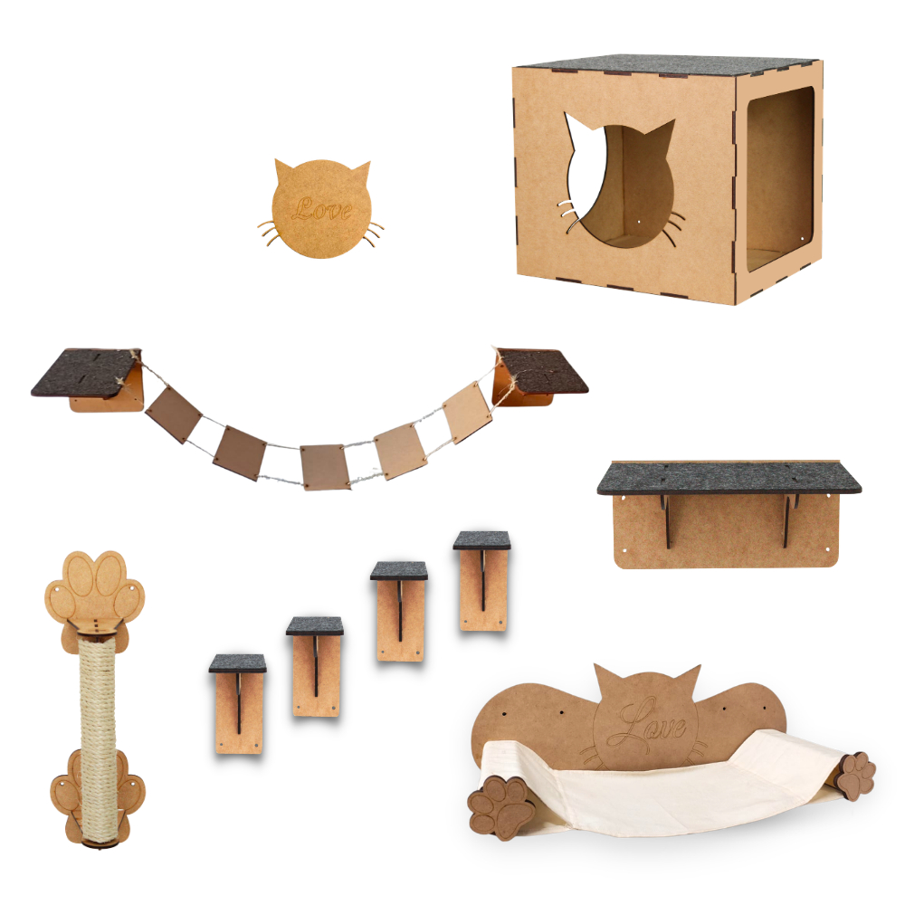 Playground Para Gatos 9 Peças Brinquedo de Gato com Arranhador Nicho Ponte Degrau Rede em MDF