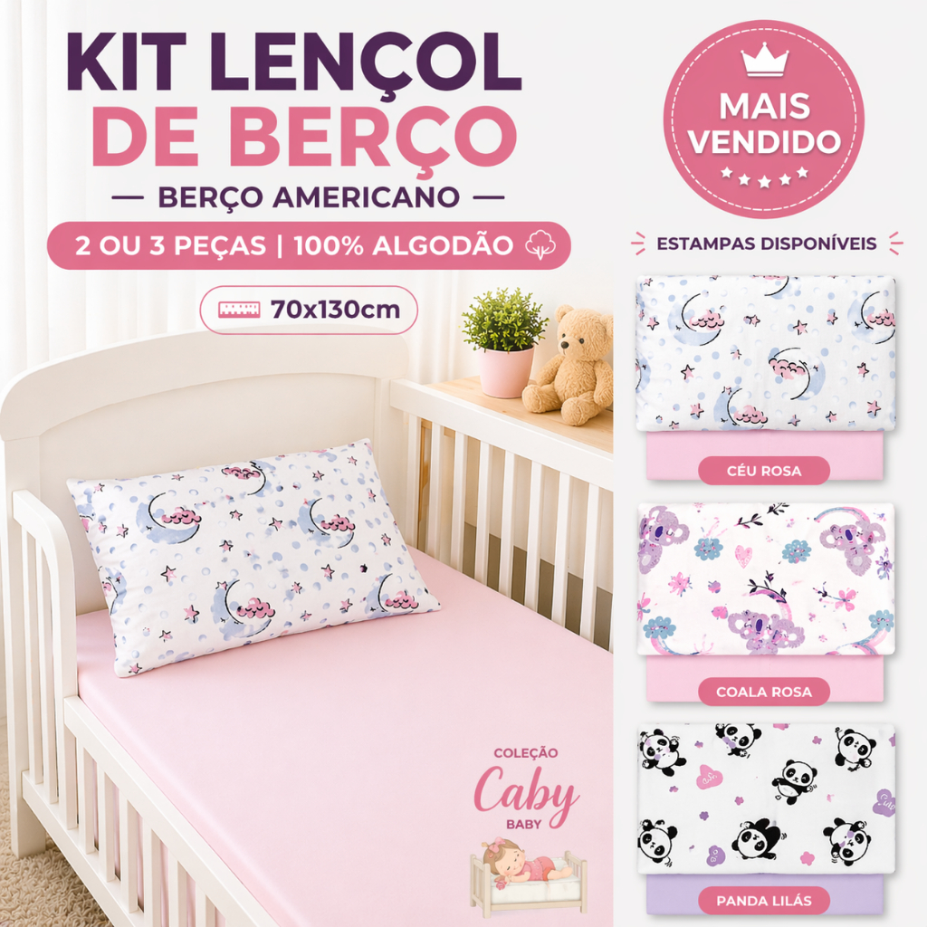 Kit Atacado 3 Jogo Berço Americano 100% Algodão – Lençol Liso + Fronhas Estampadas 70x130