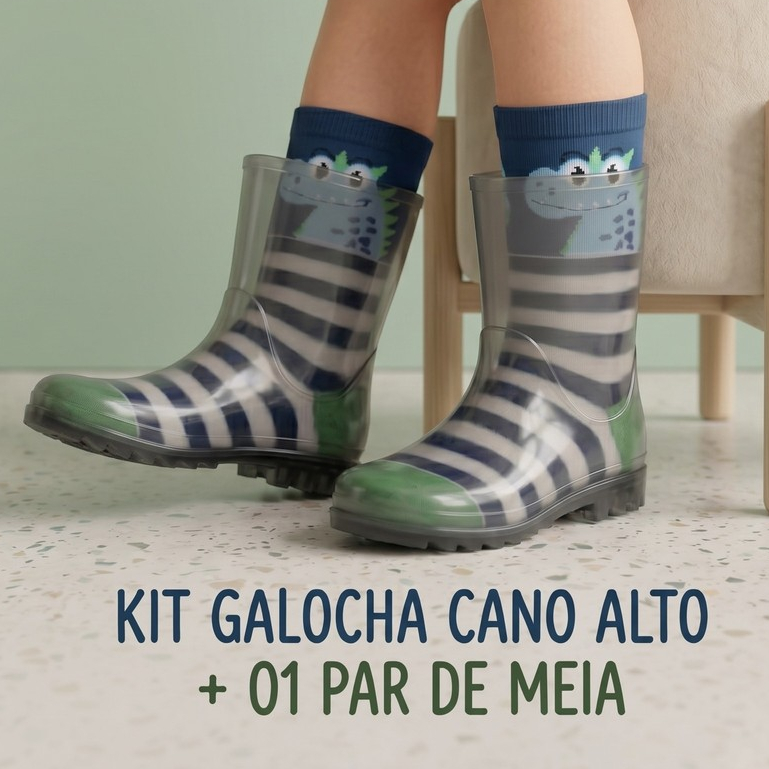 Kit Galocha Infantil Meninos Impermeável + Meia Divertidas Chuva Dinossauros