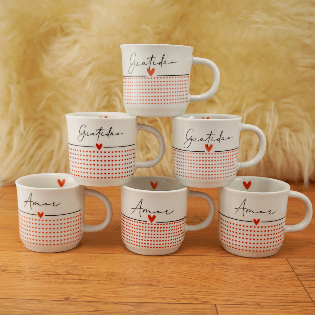 Jogo 6 Xícaras de Porcelana Ágata 200ml Palavras Positivas Amor e Gratidão