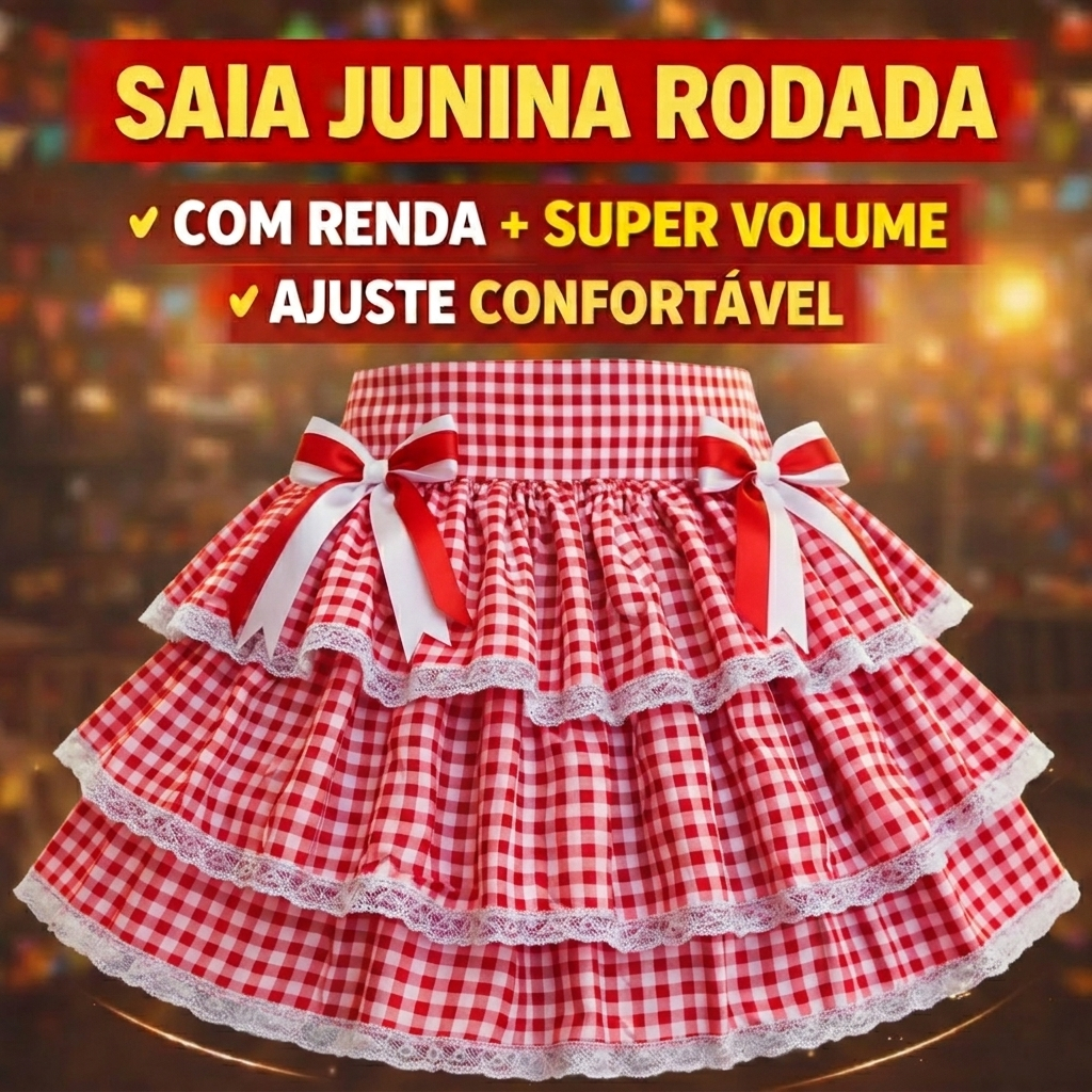 Saia Caipira Adulto Vermelha Rodada Com Renda Luxo Festa Junina Menina Confortável Ajuste  Elástico