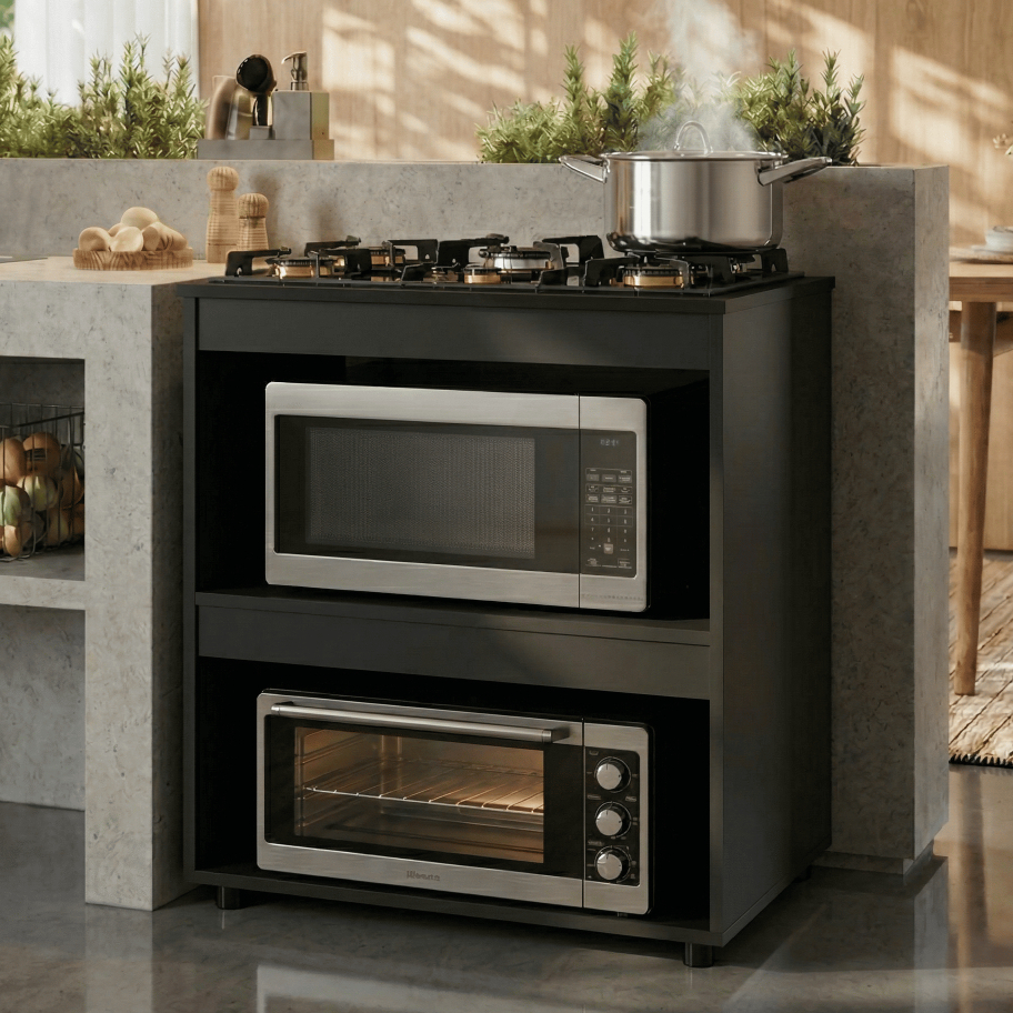 Balcão p/ Cooktop 4 ou 5 Bocas Cozinha Moderna Madeira Armário 2 Nichos Organizador Tampo Blue Moby