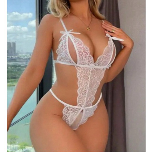 Body Feminino de Renda com Abertura Frontal e Detalhes em Laços