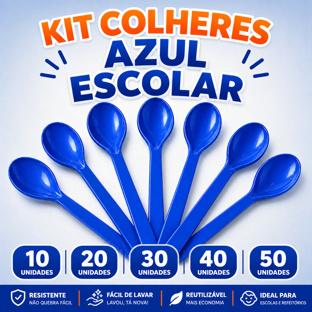 Kit Colher Plástica Escolar Infantil para Lanche Merenda Refeição Azul Bic Resistente Reutilizável