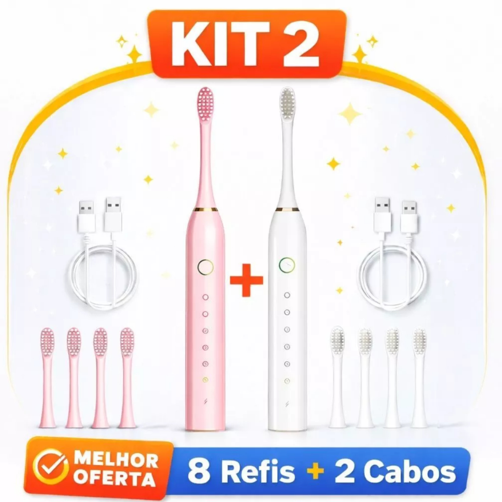Kit 2 Unidades Escova de Dente Elétrica | IPX7 À Prova dÁgua + 7 Modos + 8 Cabeças | Recarregável Ns