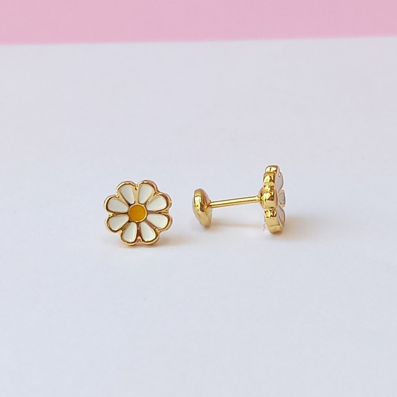 Brinco Infantil Florzinha Margarida com Tarraxa Baby - Banho Ouro 18k Antialérgico