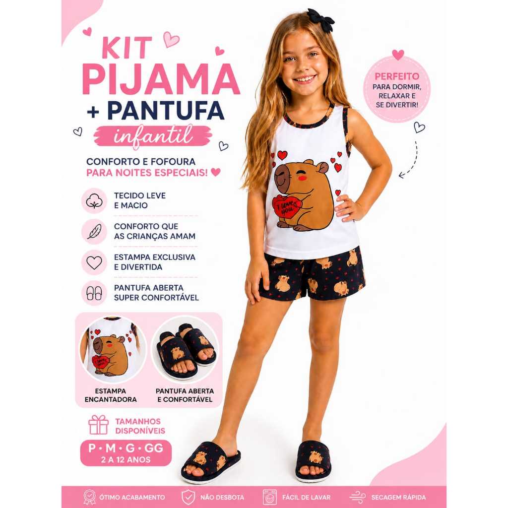kit 1 short doll regata infantil + 1 pantufa verao personagens blogueira Capivara de dormir feminino infantil festa