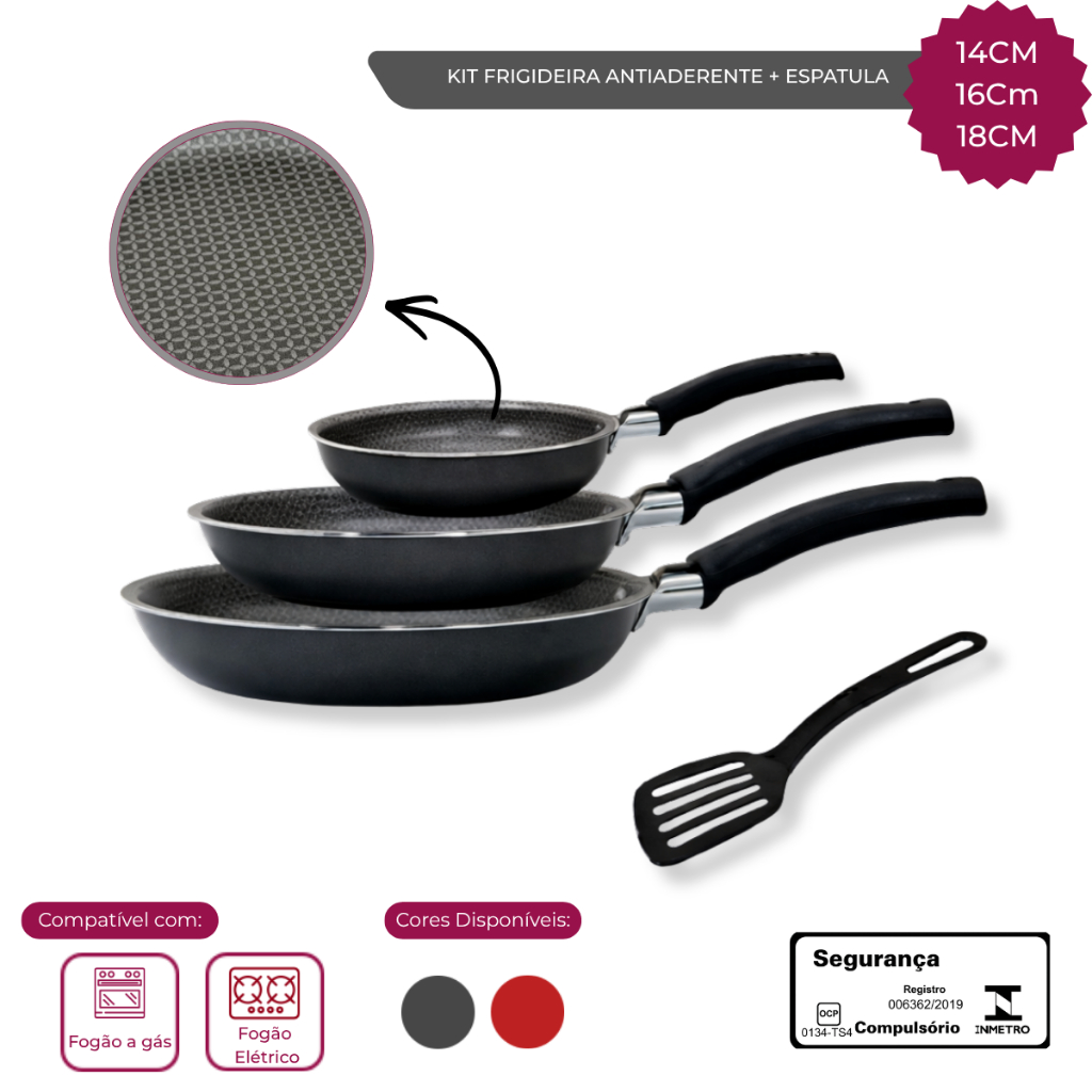 Conjunto de Frigideiras para Ovo Panquecas e Tapioca Antiaderente 3 Peças com Espátula