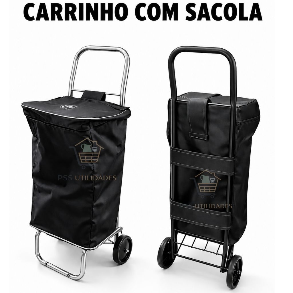 Carrinho De Mão Com Sacola Base Dobravel Compras Feira Mercado Cor Preto