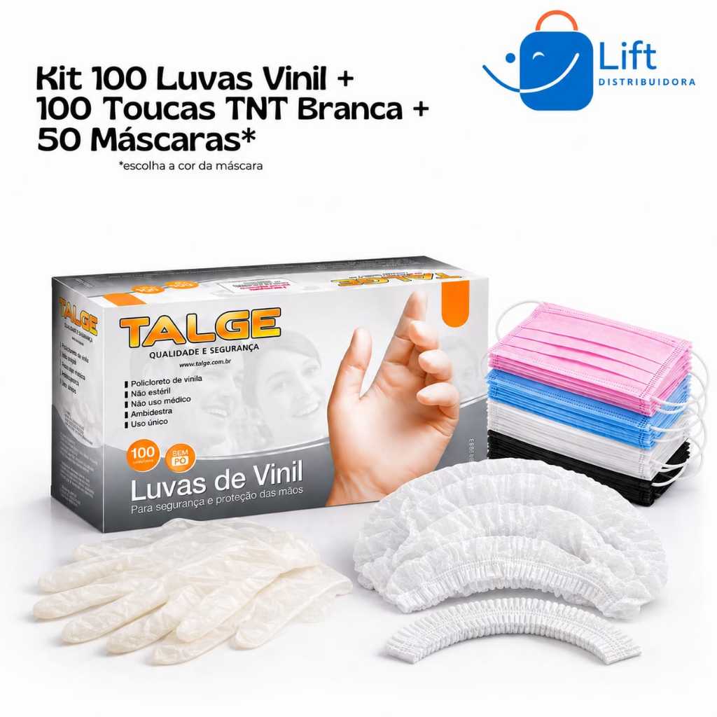 Kit 100 Luvas Vinil Sem Pó + 100 Toucas TNT Branca + 50 Máscaras Descartáveis