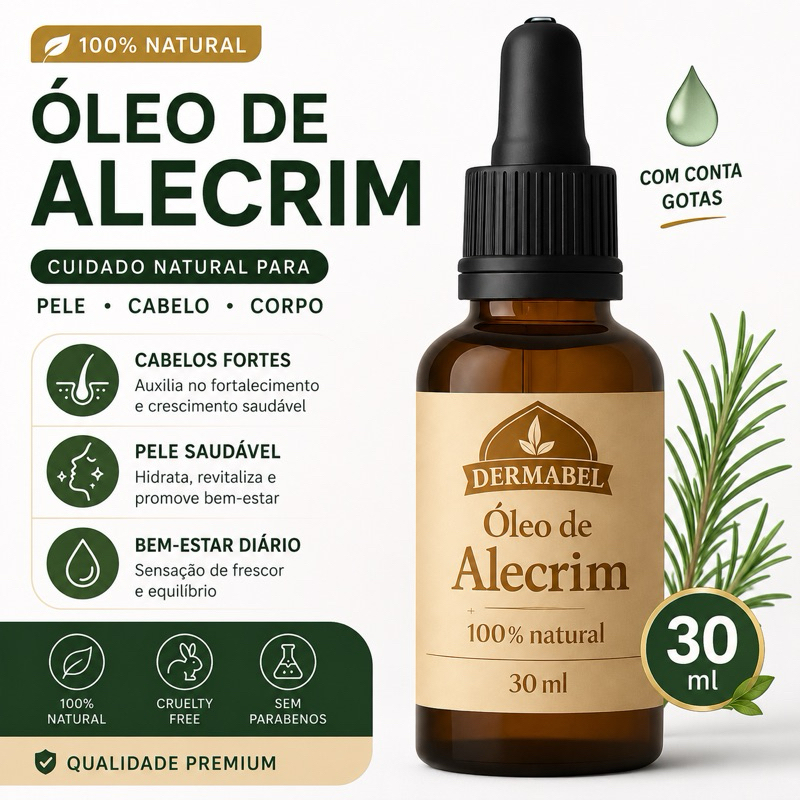 Óleo de Alecrim Crescimento Capilar, Combate a Acne.Óleo Vegetal 100% Natural 30 ML Dermabel