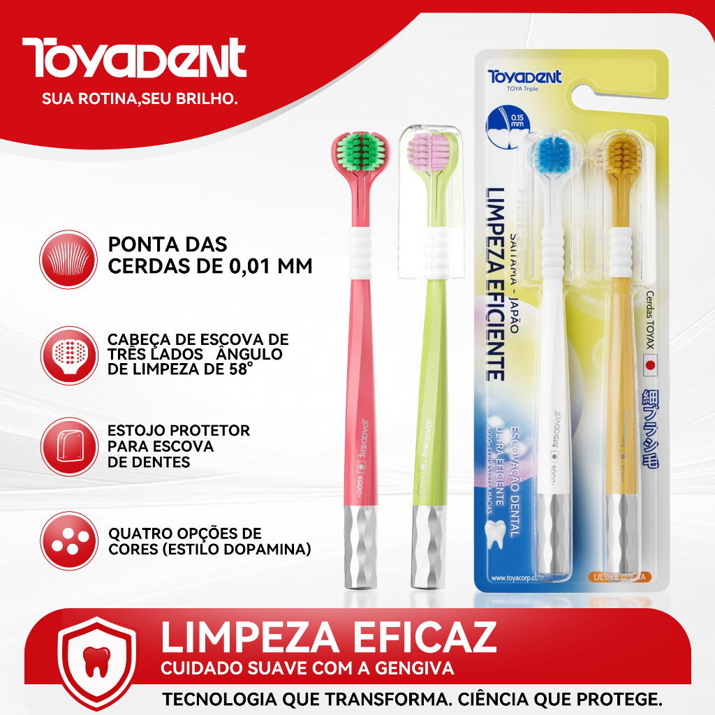 TOYADENT Escova Dental 3D 3 Lados, Cerdas Macias de Alta Densidade + Capas Protetoras