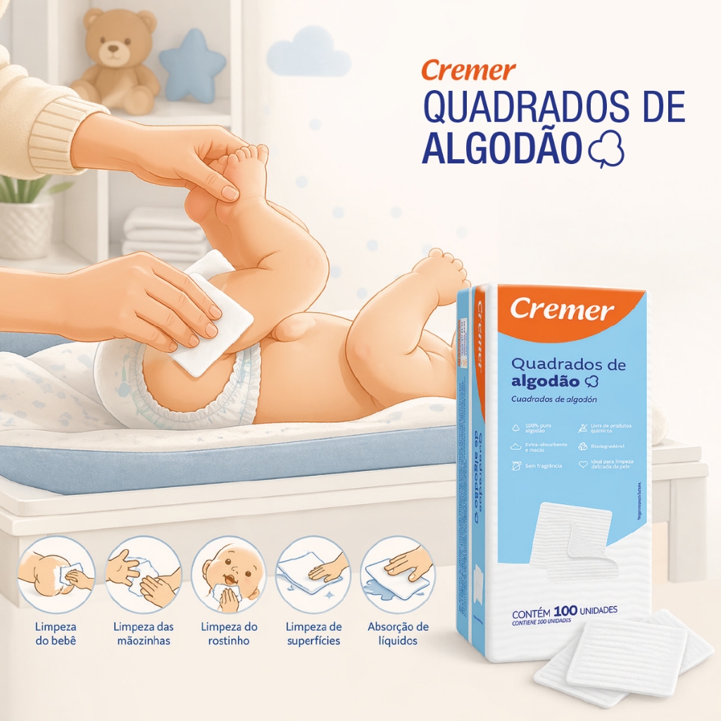 Kit Algodão Quadrado Hidrófilo Cremer 100/300/600 Extra Macio Para Limpeza Facial e Maquiagem
