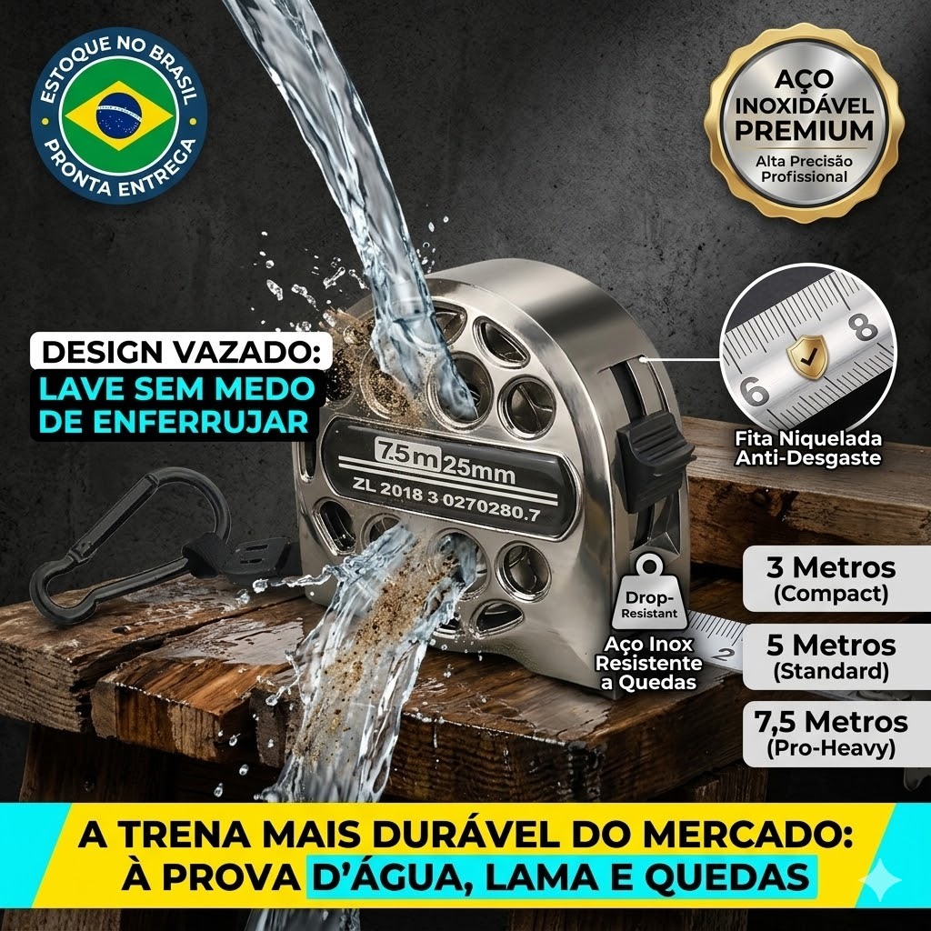 Fita Métrica de Aço Inoxidável 3/5/7,5M | Anticorrosiva, Alta Precisão, Resistente a Quedas e Ferrugem