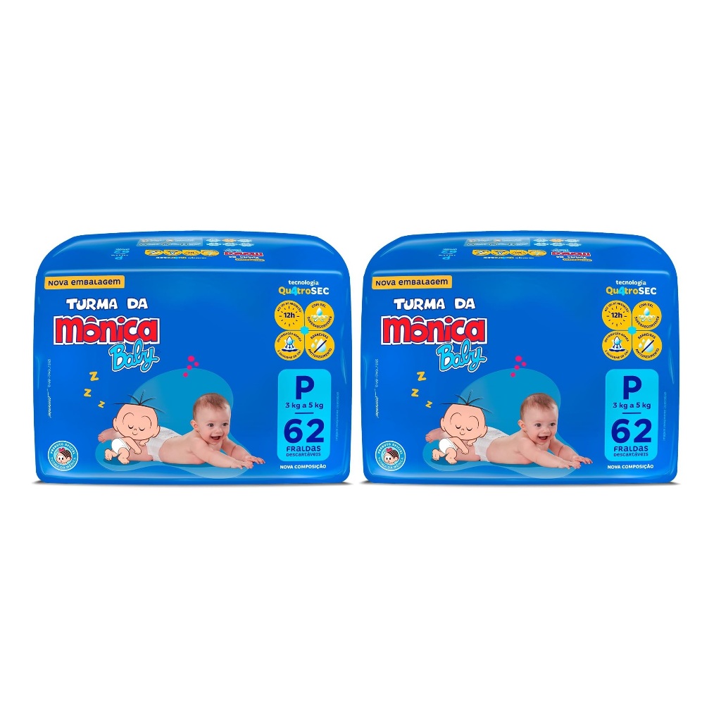 Kit 2ptes Fralda Turma da Mônica Baby P 62un 3-5kg