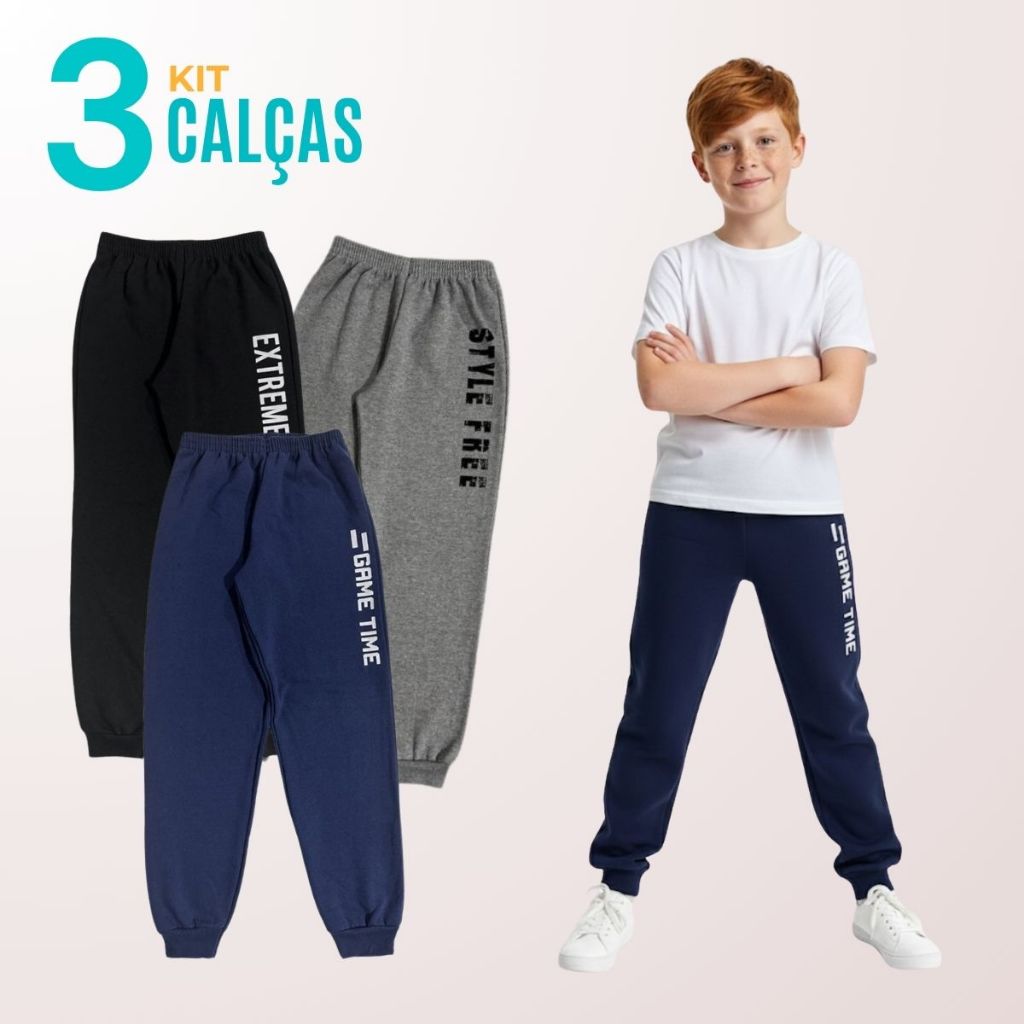 Kit 3 Calça Infantil Meninos Moletom com Estampa Lateral Roupa Infantil