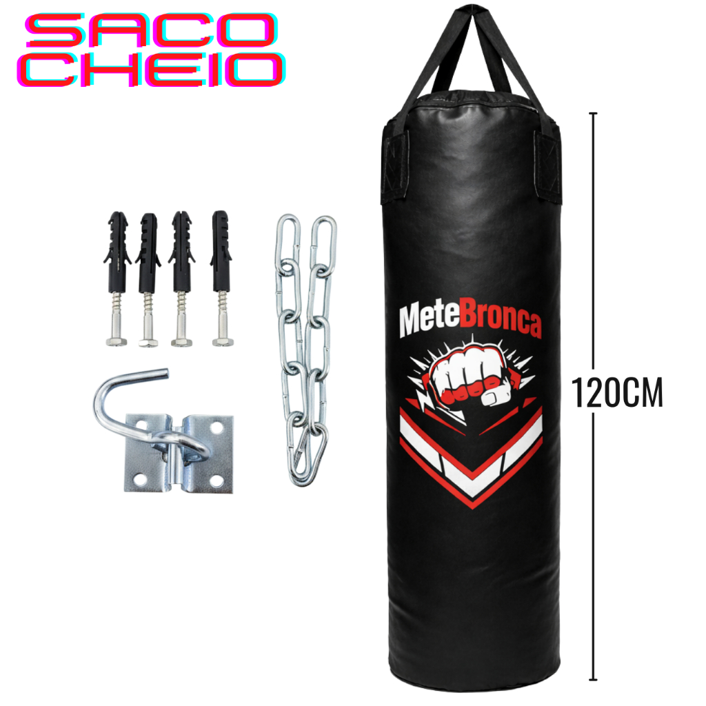 Kit Saco De Pancada 120cm Cheio + Suporte De Parede E Parafusos Profissional Mete Bronca