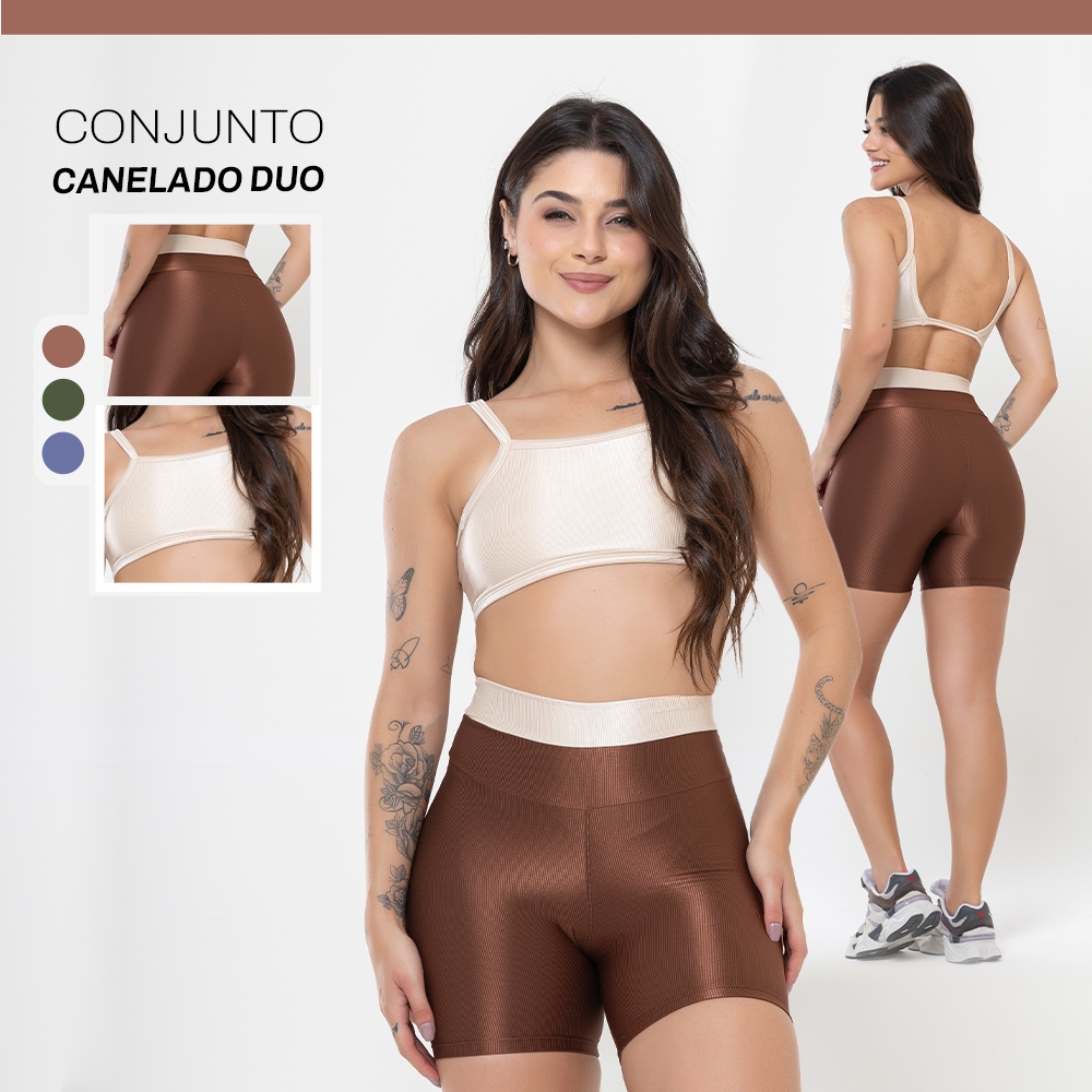 Conjunto Duo Trilobal Canelado Brilhoso – Top Costas Abertas + Short Academia